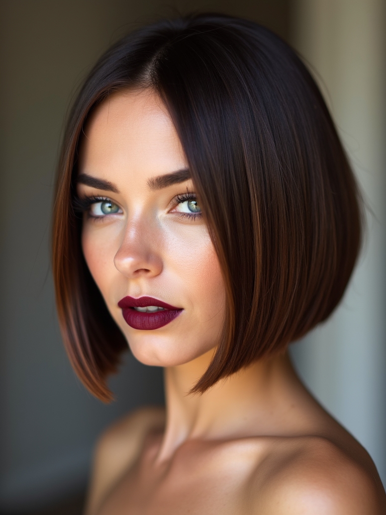 chin length glossy chocolate bob