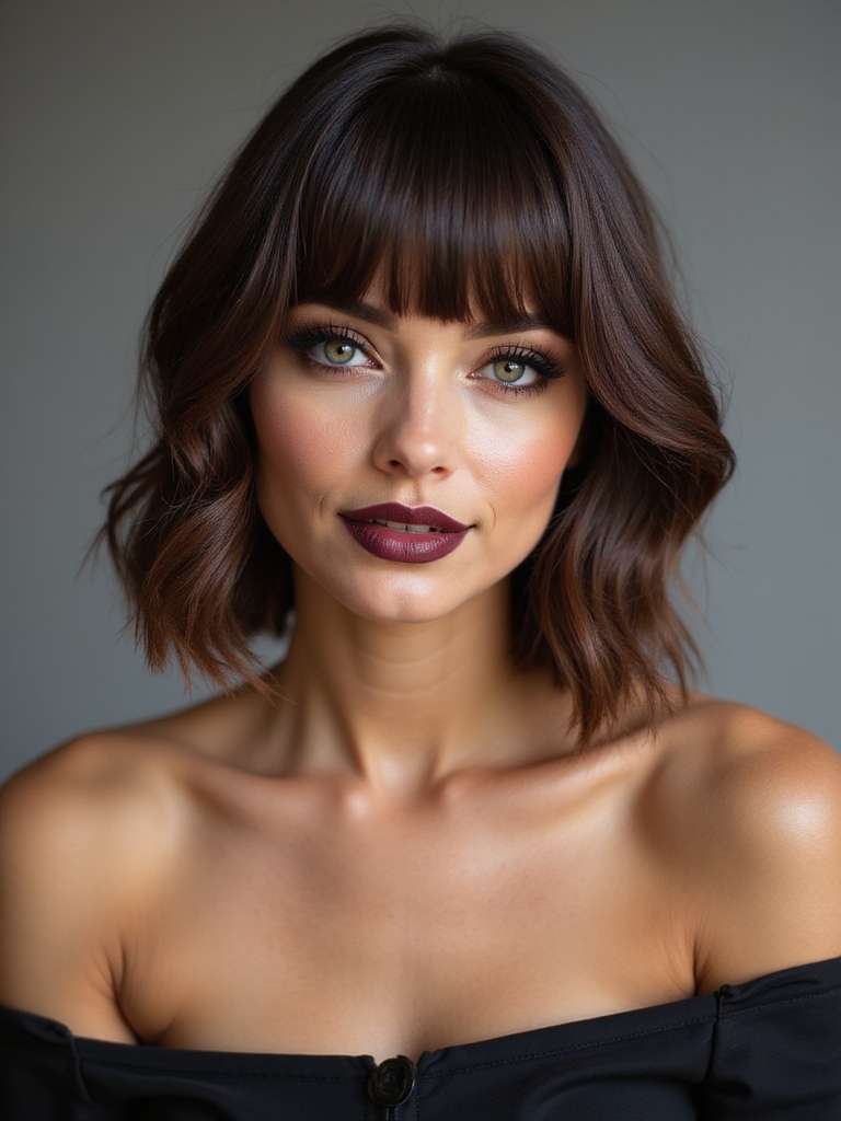 chocolate brown curtain bang bob