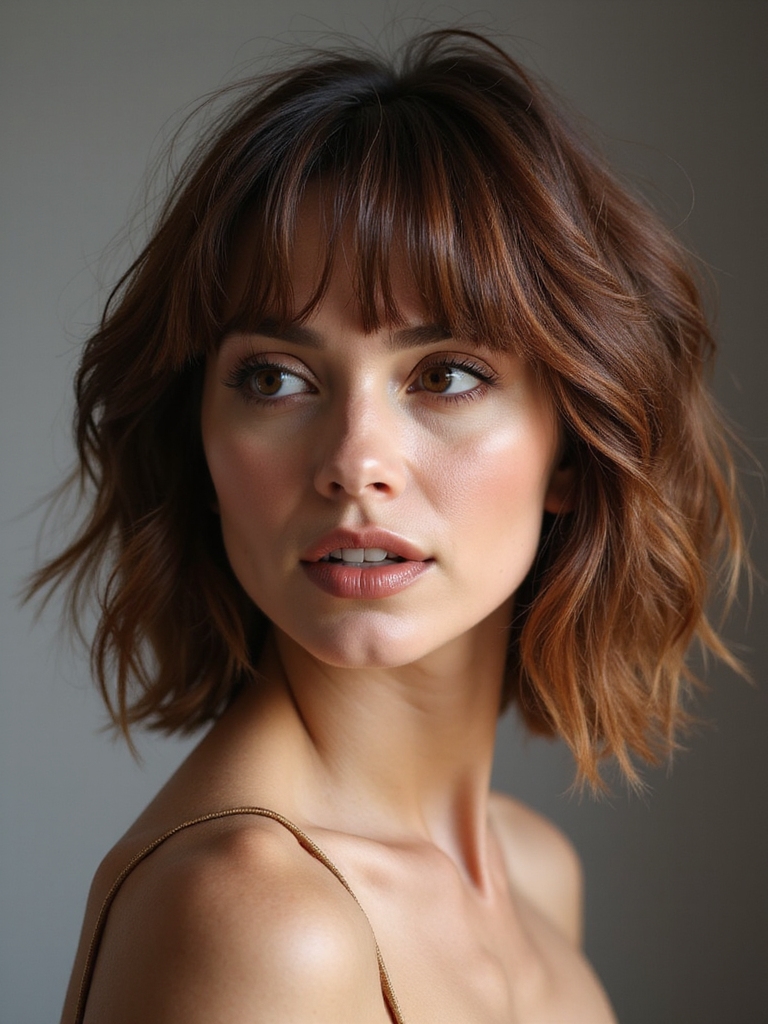 choppy layered bob curtain bangs