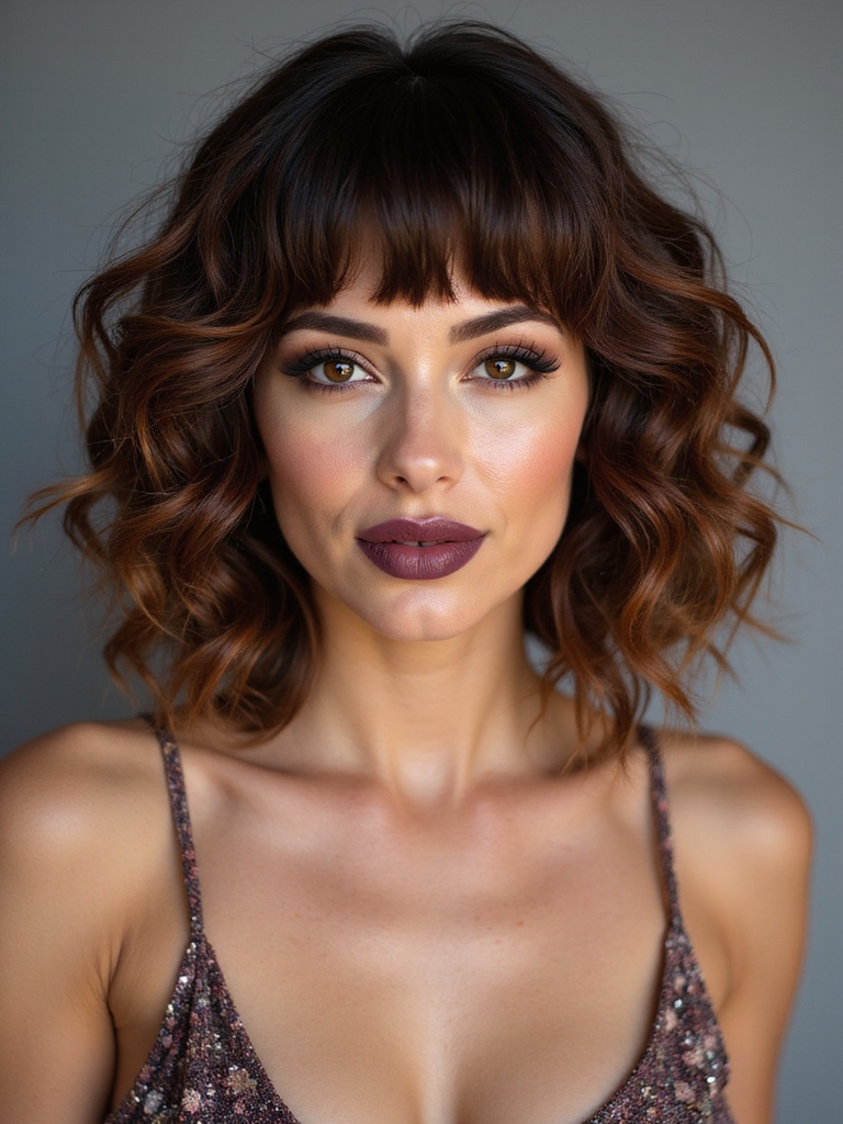 curly bob with rounded bangs