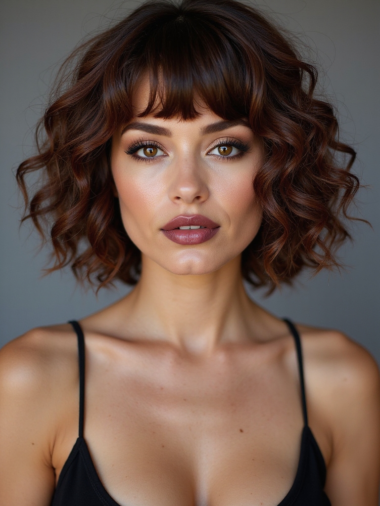 curly chin length bob bangs