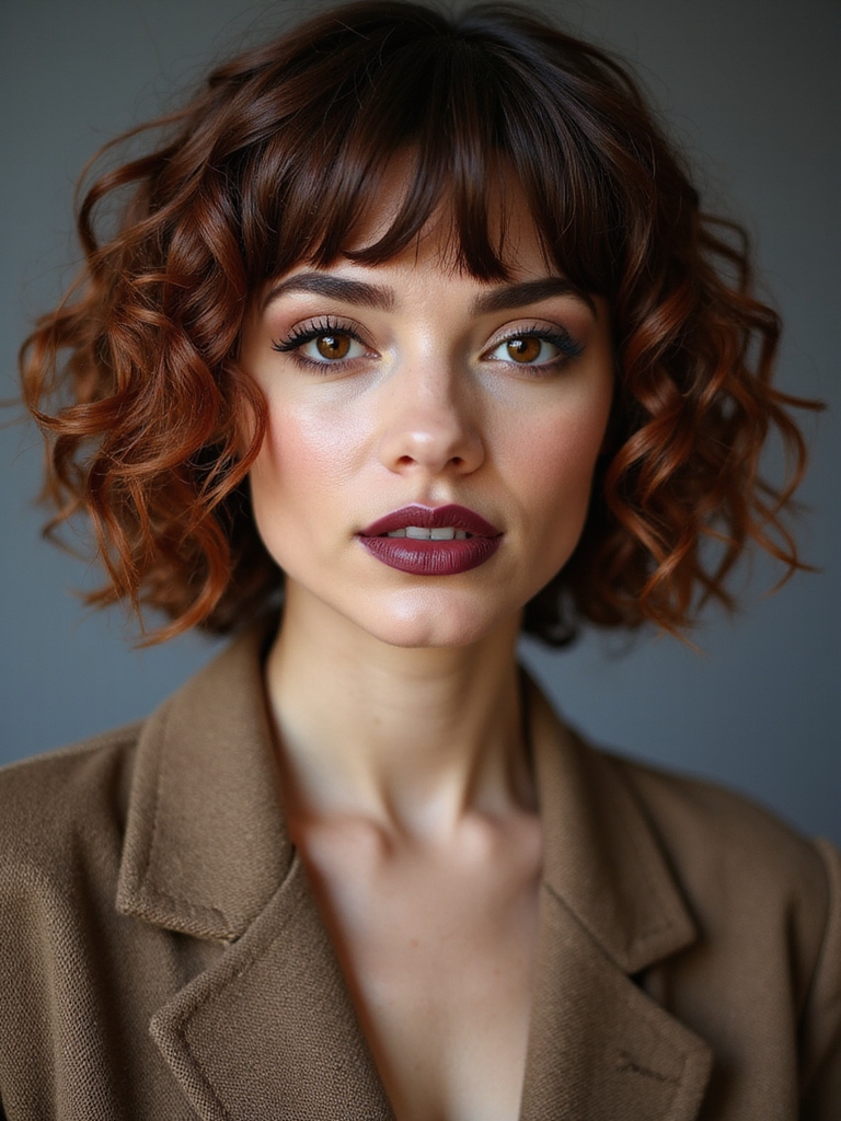 curly french bob with bangs