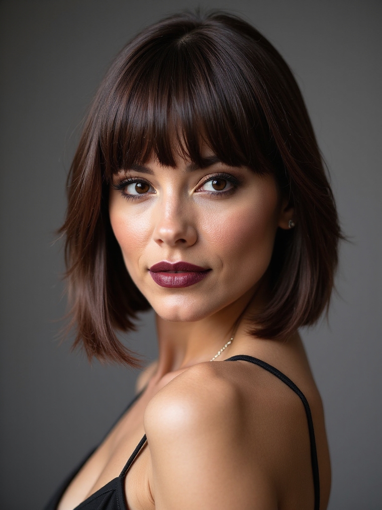 curtain bangs brunette bob