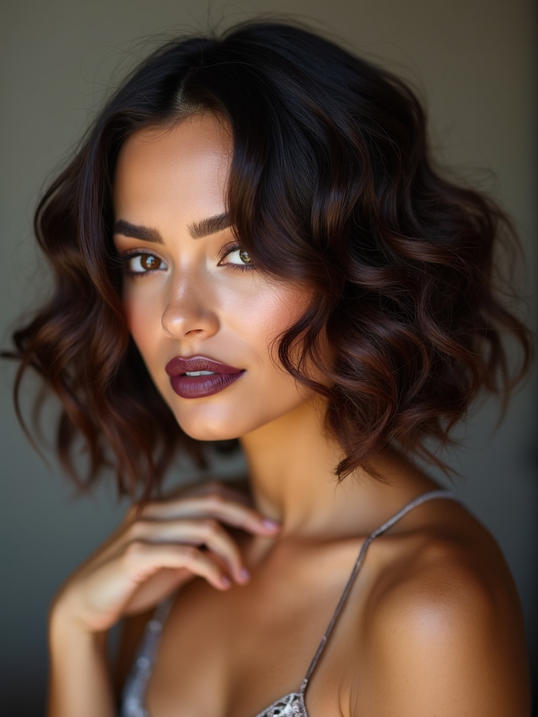 defined brunette curly bob