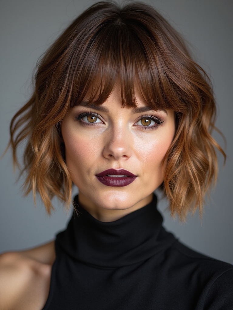 feathered razor cut bob with curtain bangs