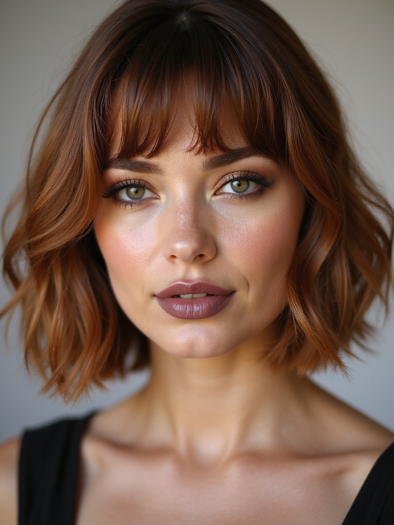 honey brown curtain banged bob