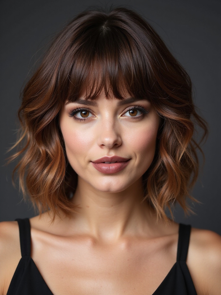 shaggy curtain bang layered bob