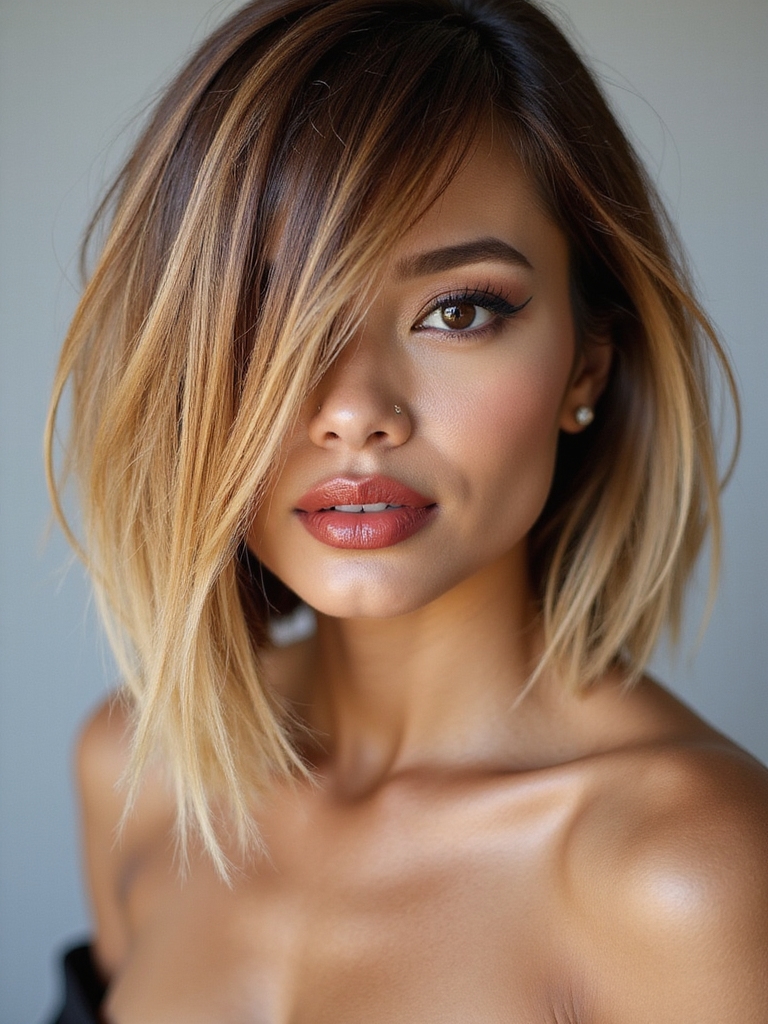 sleek asymmetrical deep part bob