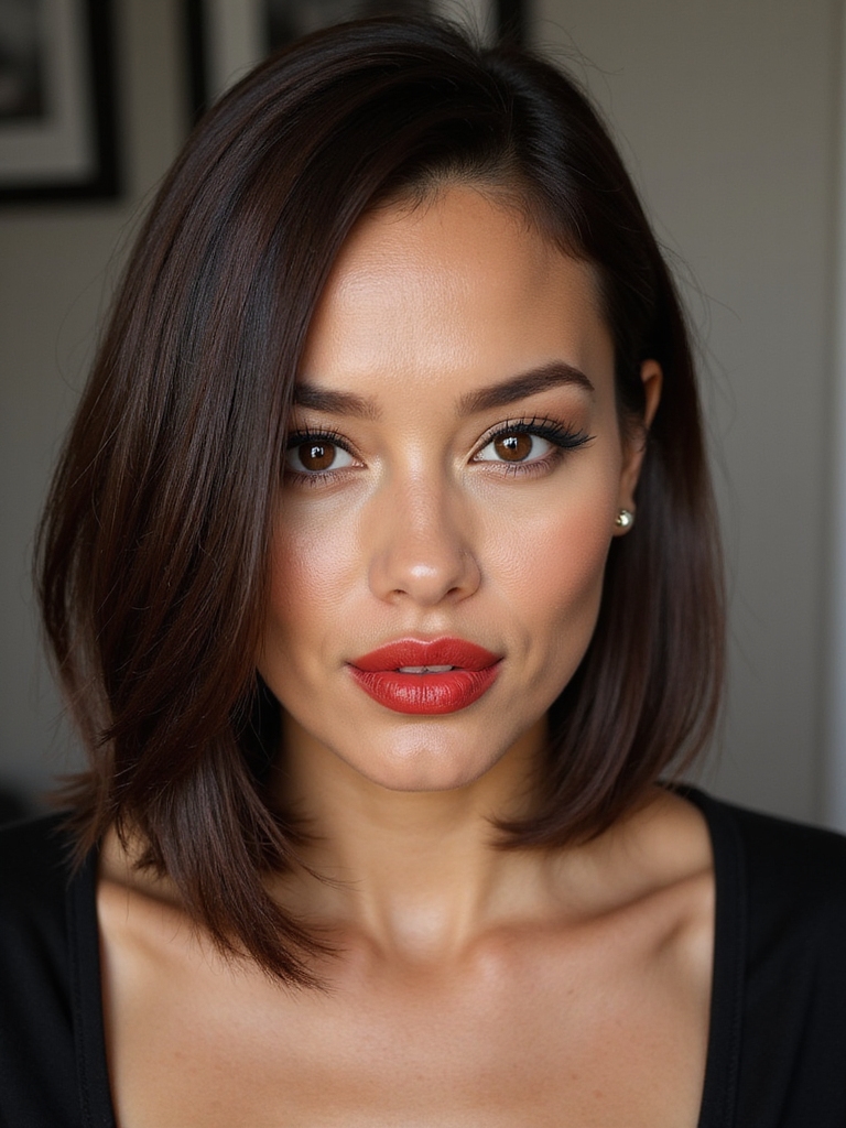 sleek high gloss side part bob