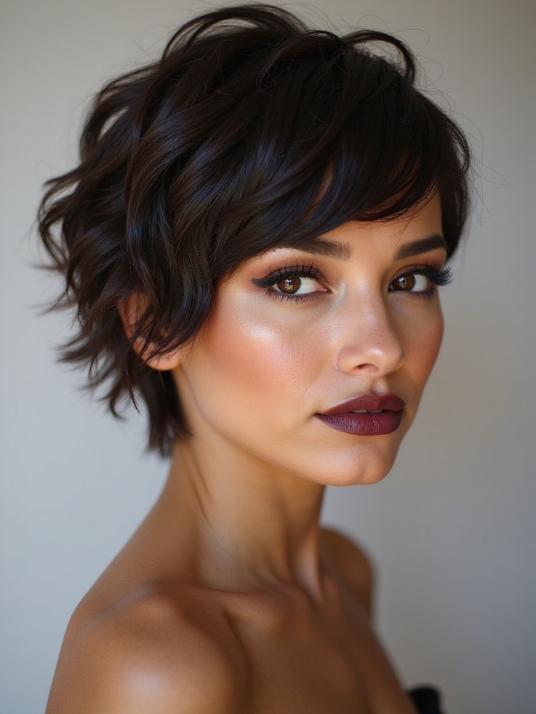 stacked back dramatic short bangs
