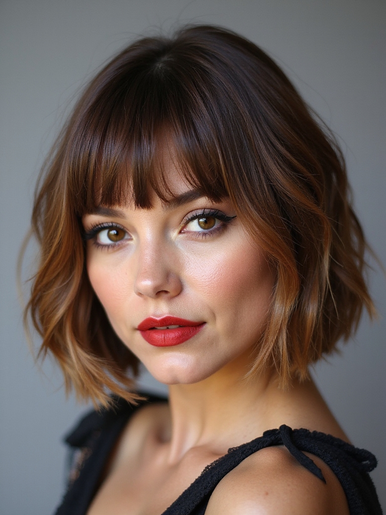 stacked bob with curtain bangs