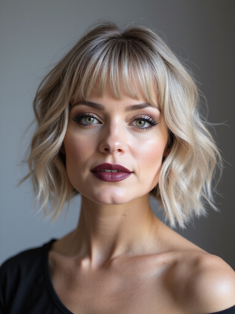 textured bob with curtain bangs