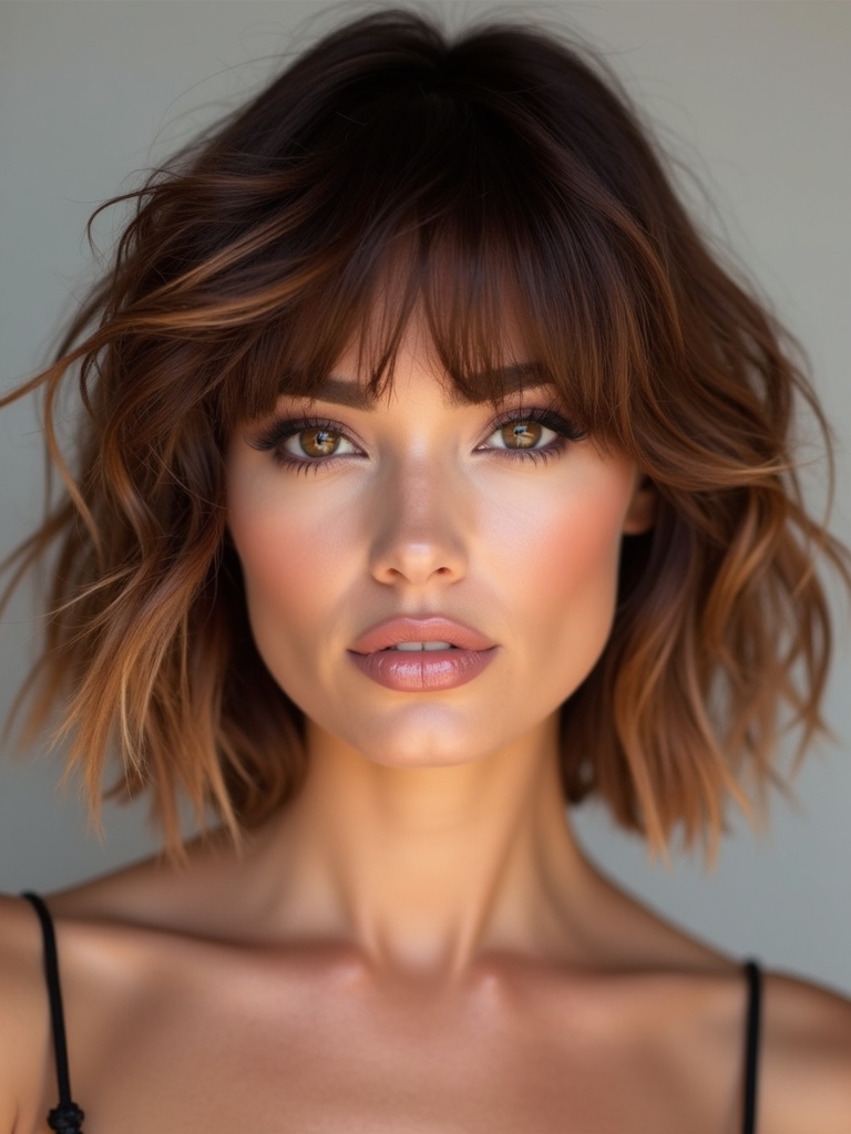 textured bob with curtain bangs