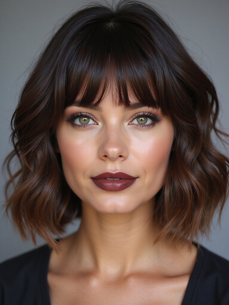 textured bob with curtain bangs