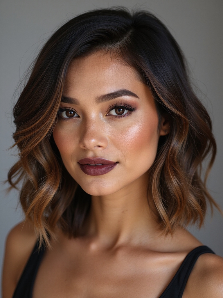 textured layered side part bob
