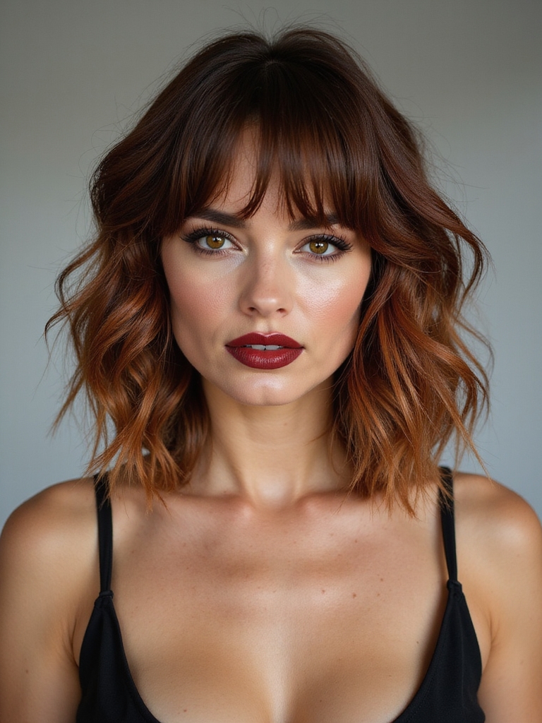 textured lob with curtain bangs