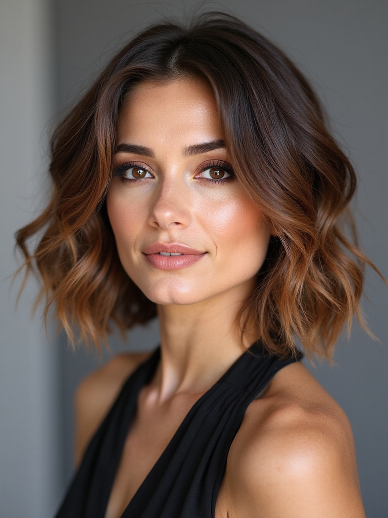 tousled balayage bob with babylights