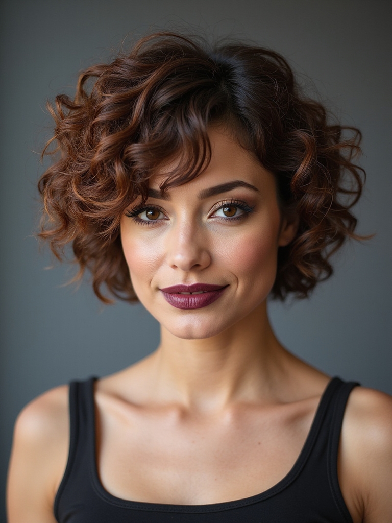 tousled curly pixie bob fringe