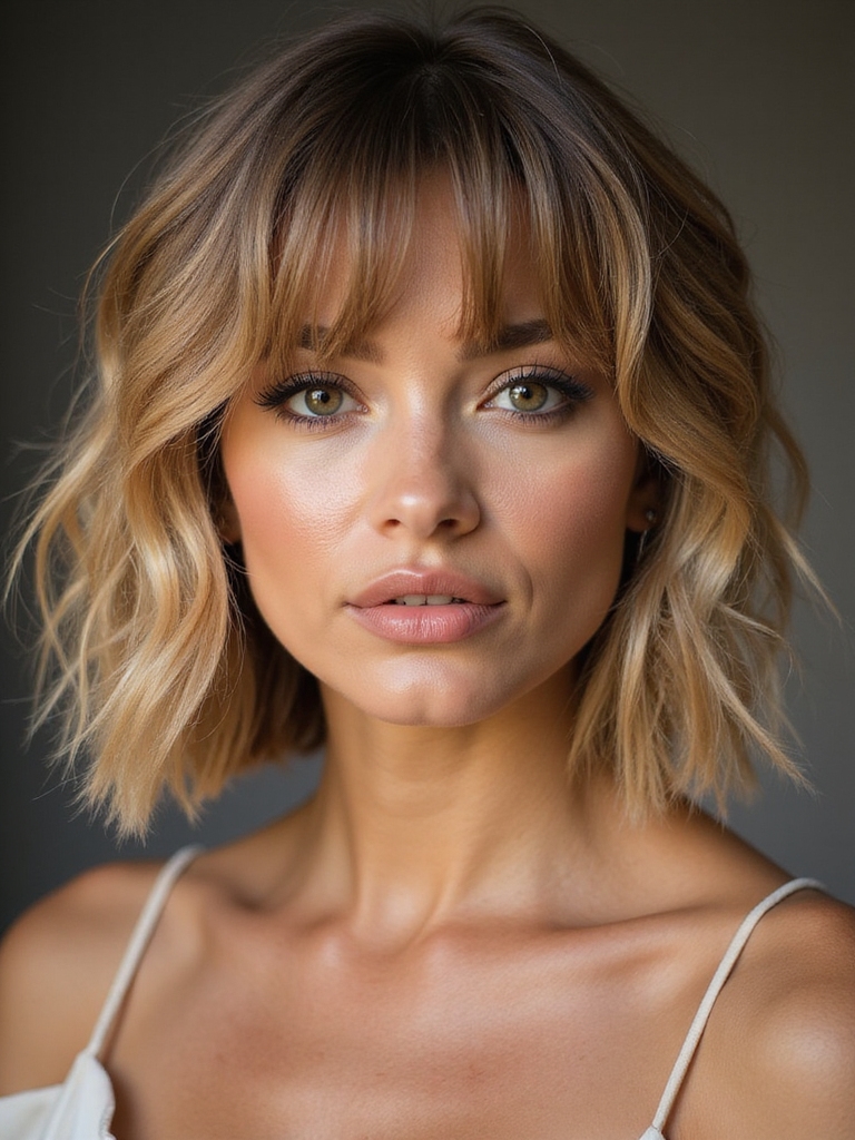 wavy lob with bangs